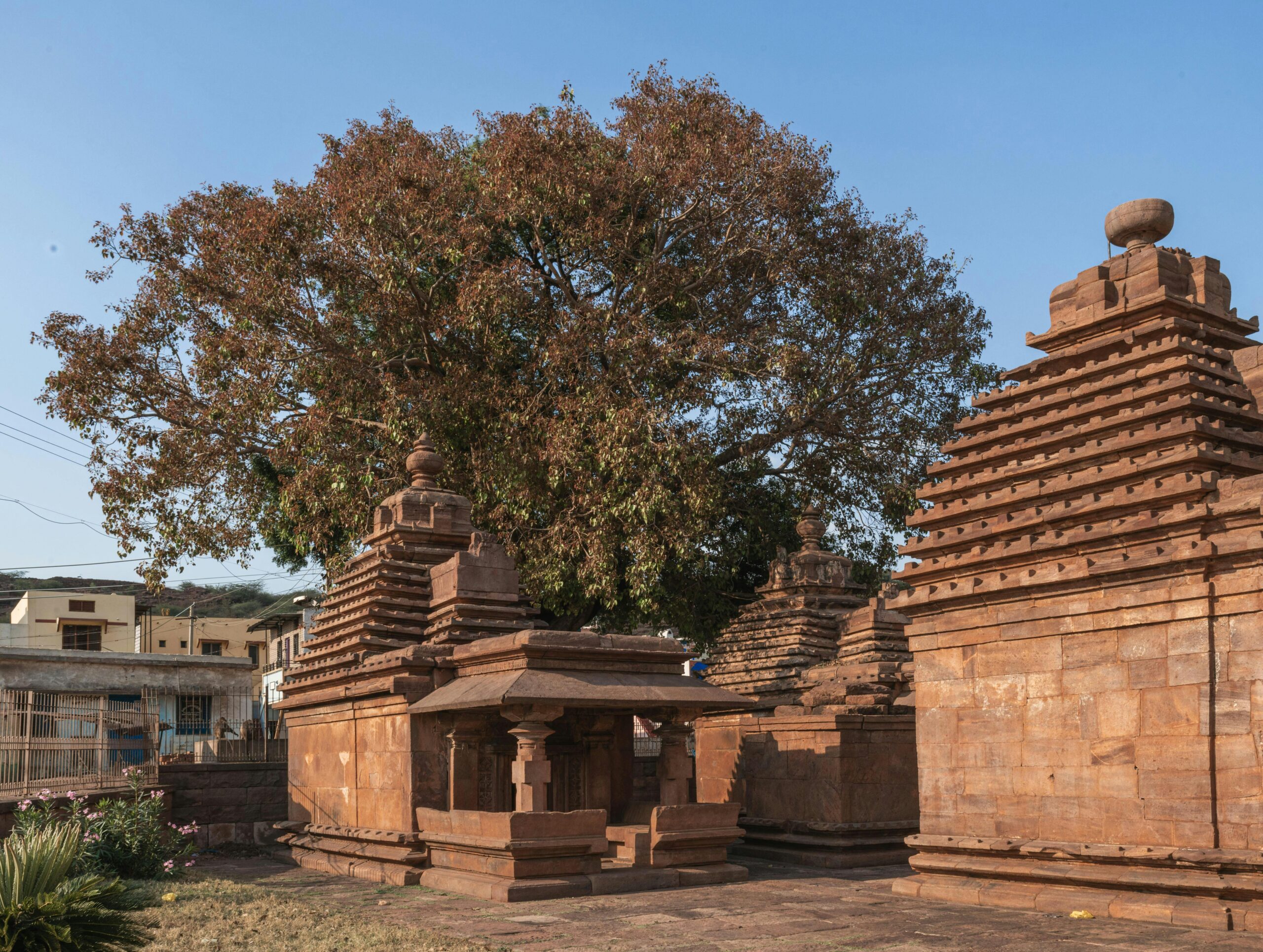 Explore the ancient sandstone temple architecture surrounded by lush greenery in Badami, Karnataka.